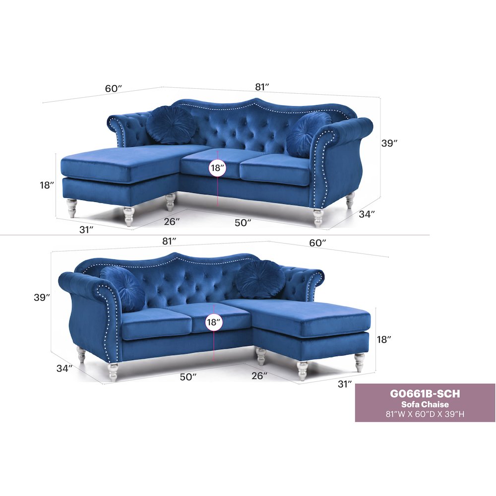 Glory Furniture Hollywood Sofa Chaise in Navy Blue Color. Picture 7