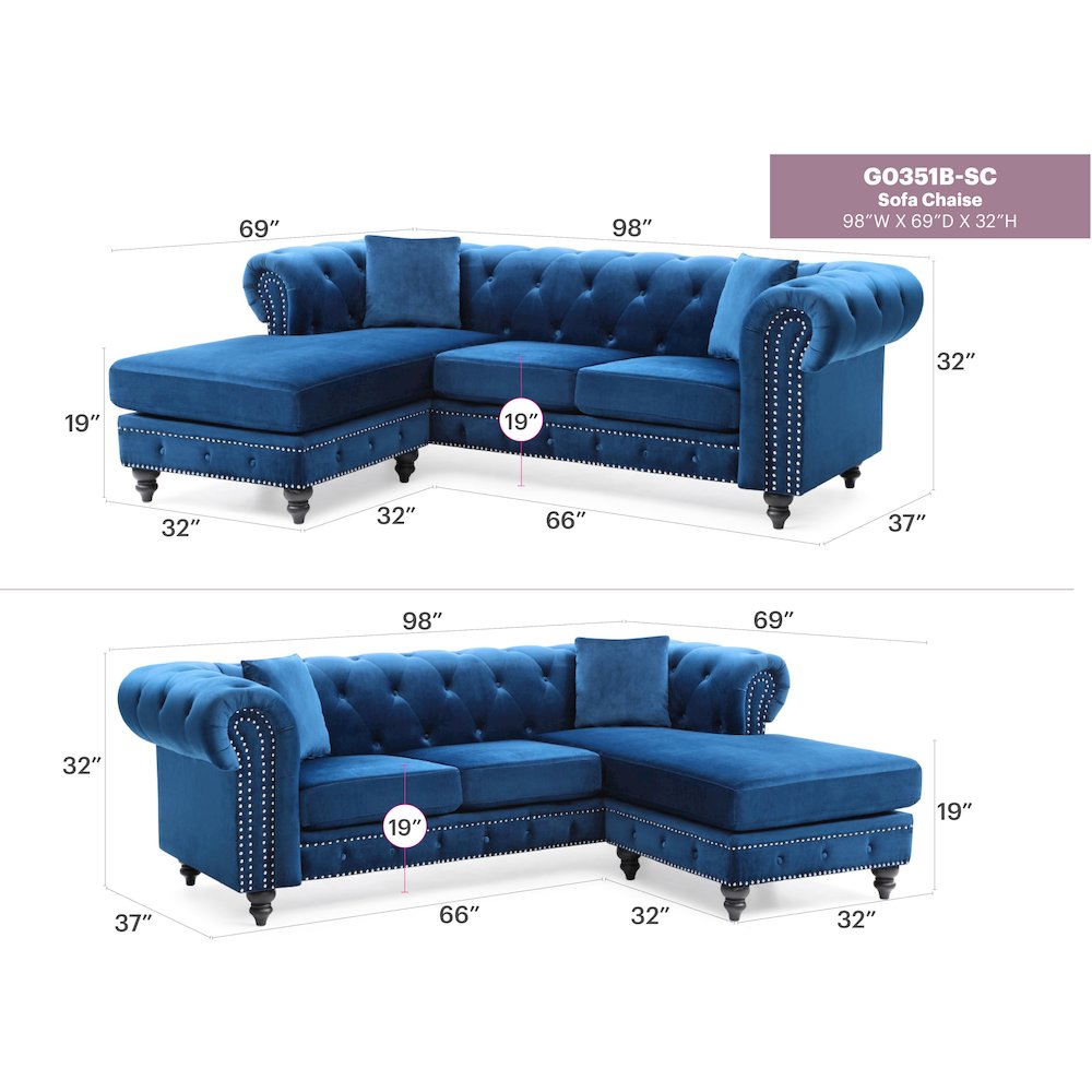 Glory Furniture Nola Sofa Chaise in Navy Blue Color. Picture 6