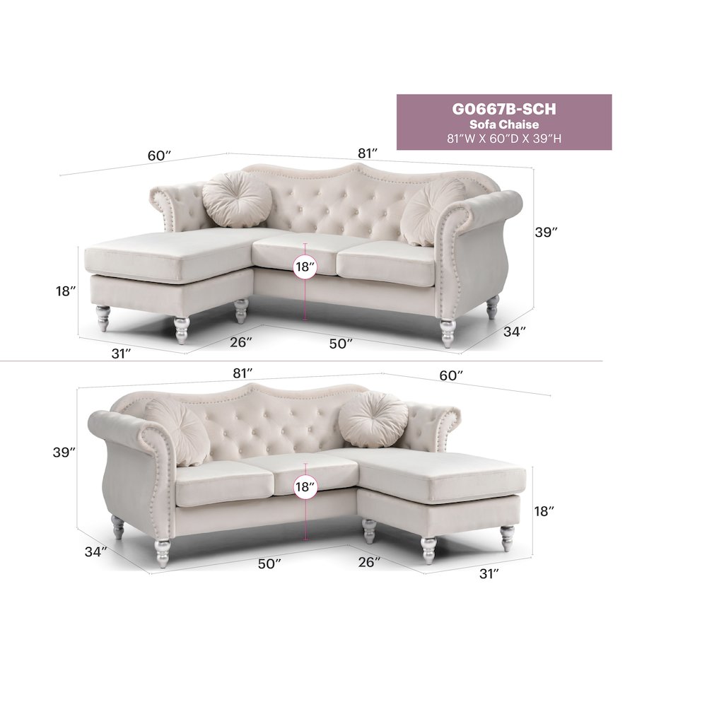 Glory Furniture Hollywood Sofa Chaise in Ivory Color. Picture 7