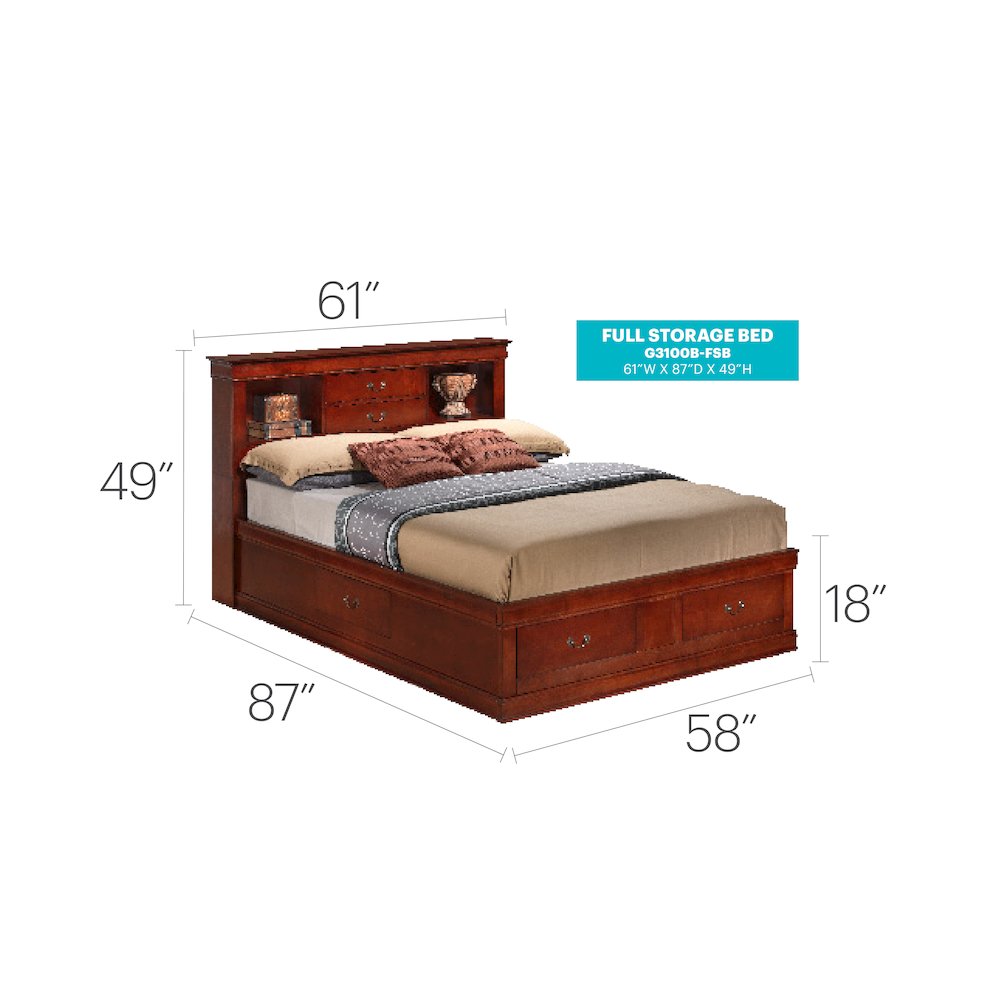 Glory Furniture Louis Phillipe Full Storage Bed in Cherry Color. Picture 15