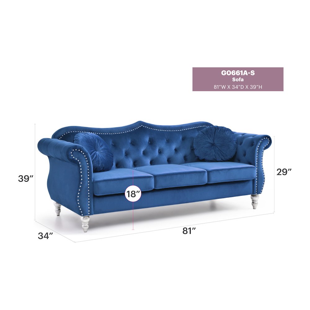 Glory Furniture Hollywood Sofa in Navy Blue Color. Picture 6