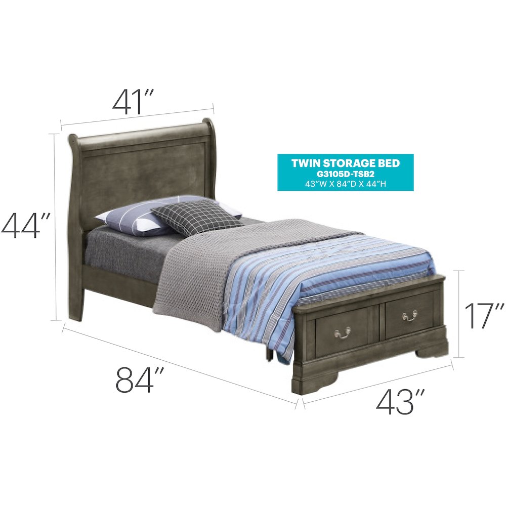 Glory Furniture Louis Phillipe Twin Storage Bed in Gray Color. Picture 6