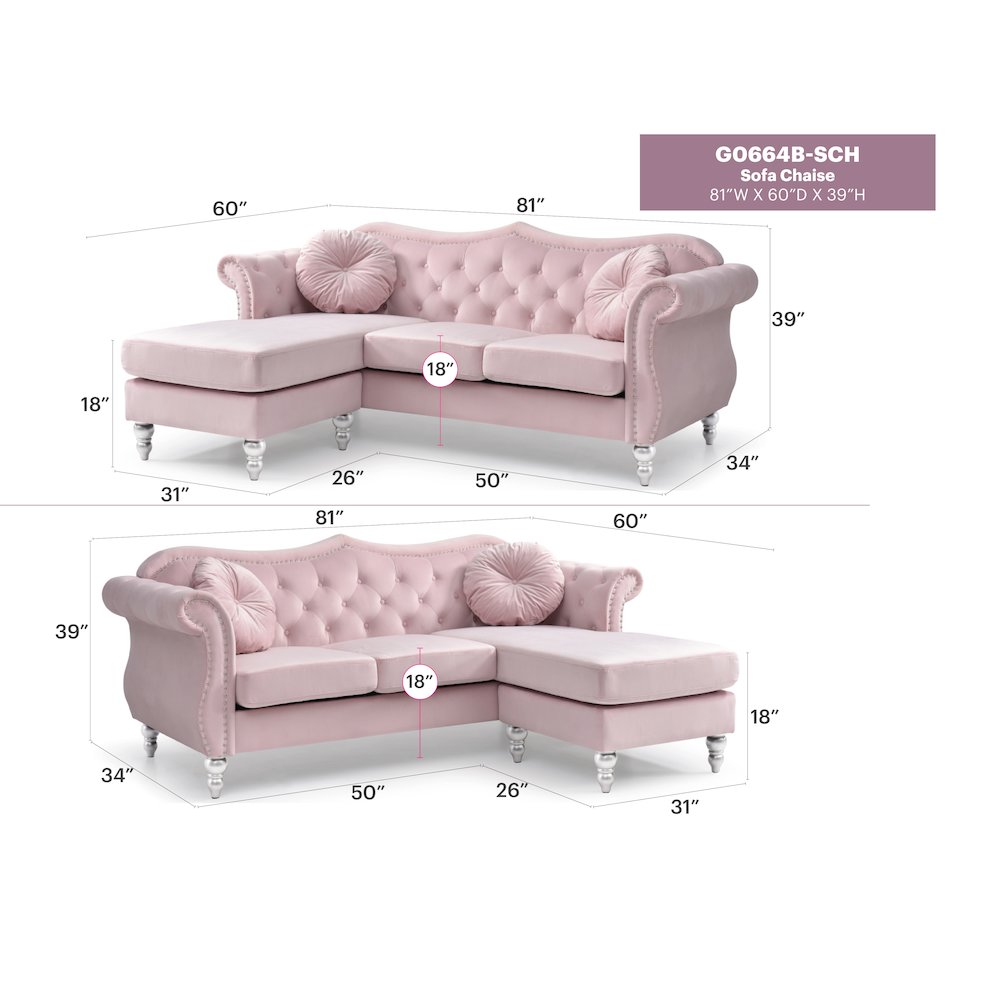 Glory Furniture Hollywood Sofa Chaise in Pink Color. Picture 7
