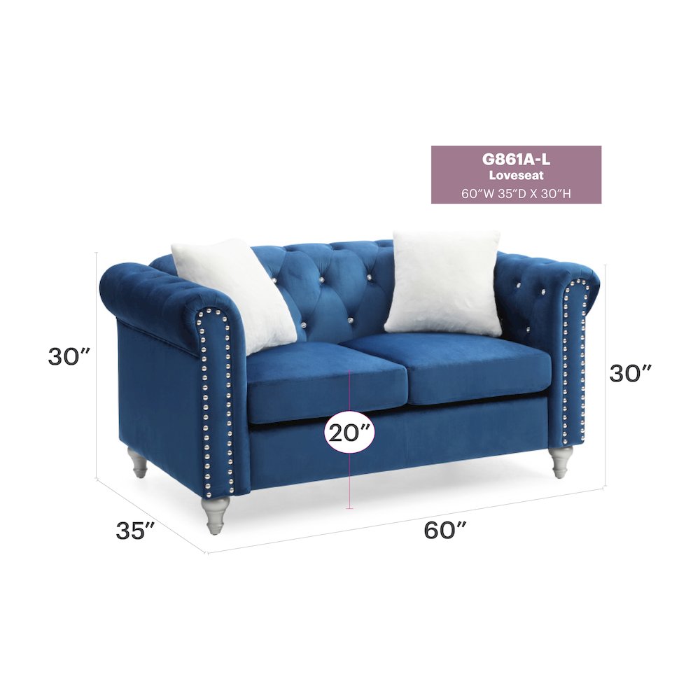 Glory Furniture Raisa Loveseat in Navy Blue Color. Picture 6