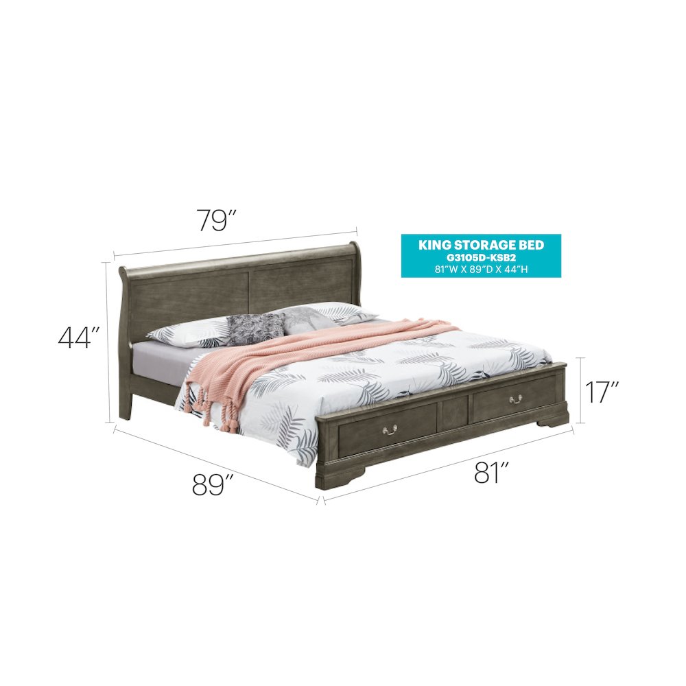Glory Furniture Louis Phillipe King Storage Bed in Gray Color. Picture 3
