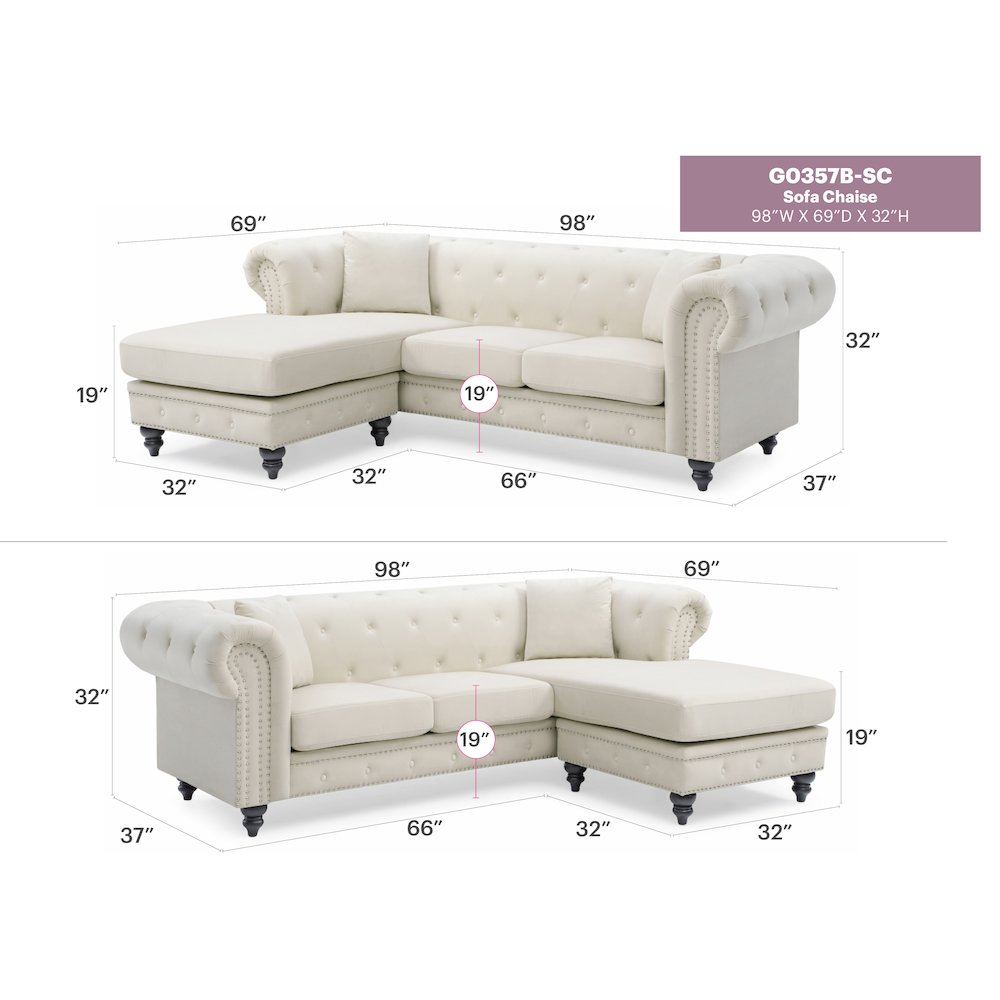 Glory Furniture Nola Sofa Chaise in Ivory Color. Picture 6
