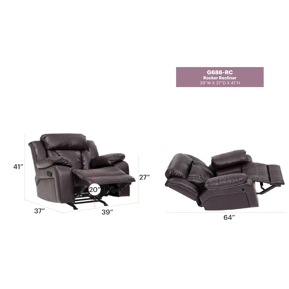 Glory Furniture Daria Rocker Recliner in Dark Brown Color. Picture 7