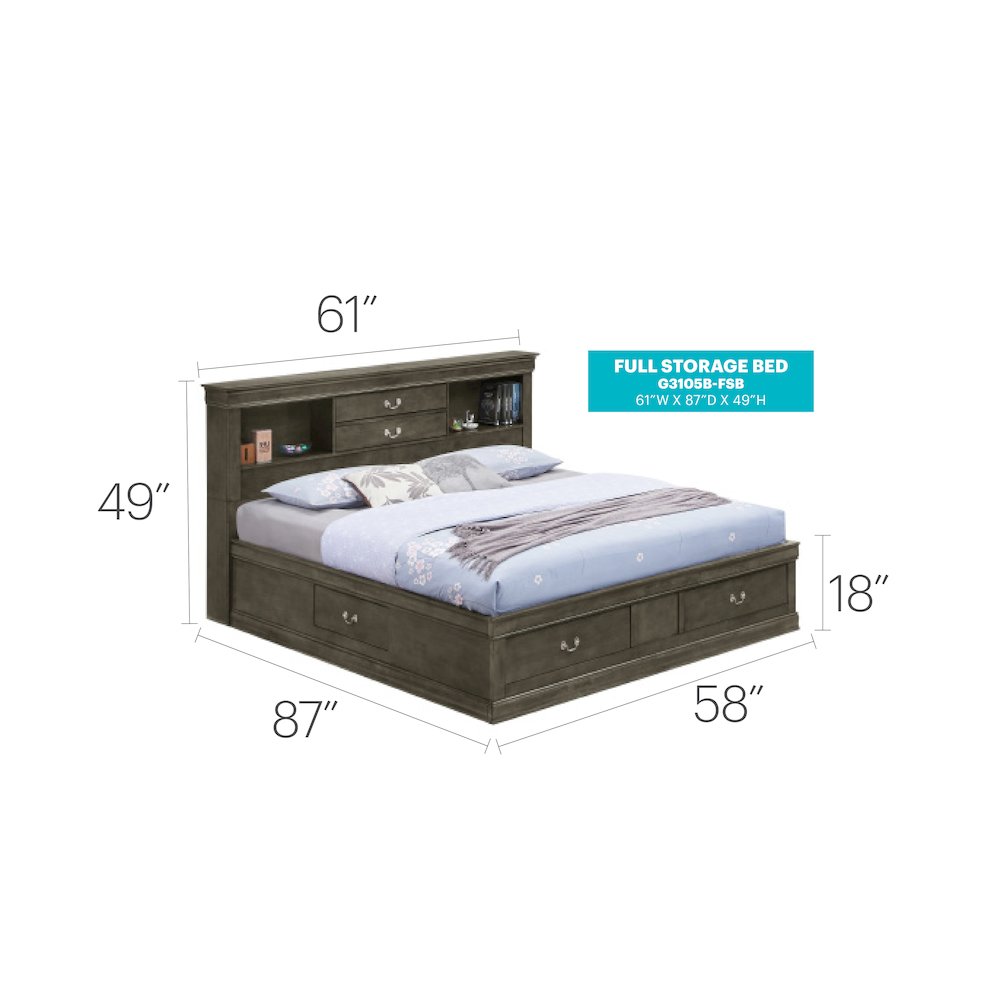 Glory Furniture Louis Phillipe Full Storage Bed in Gray Color. Picture 4