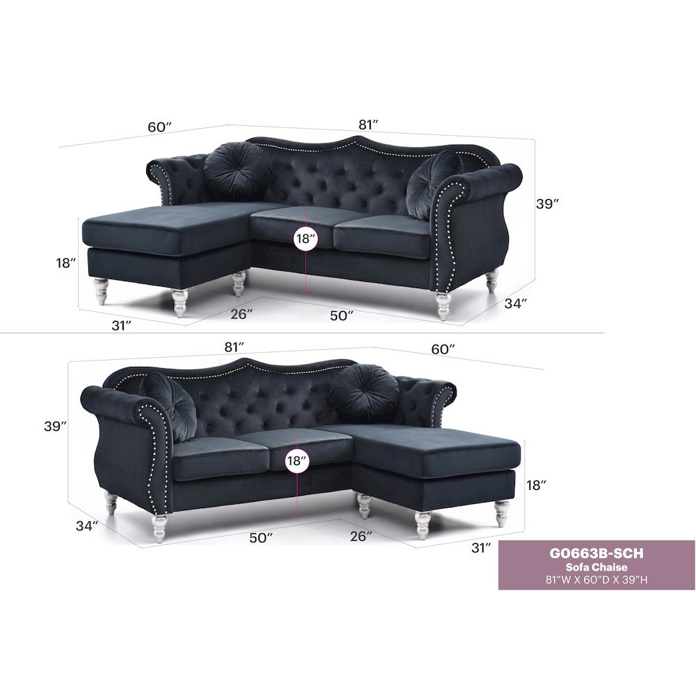 Glory Furniture Hollywood Sofa Chaise in Black Color. Picture 7