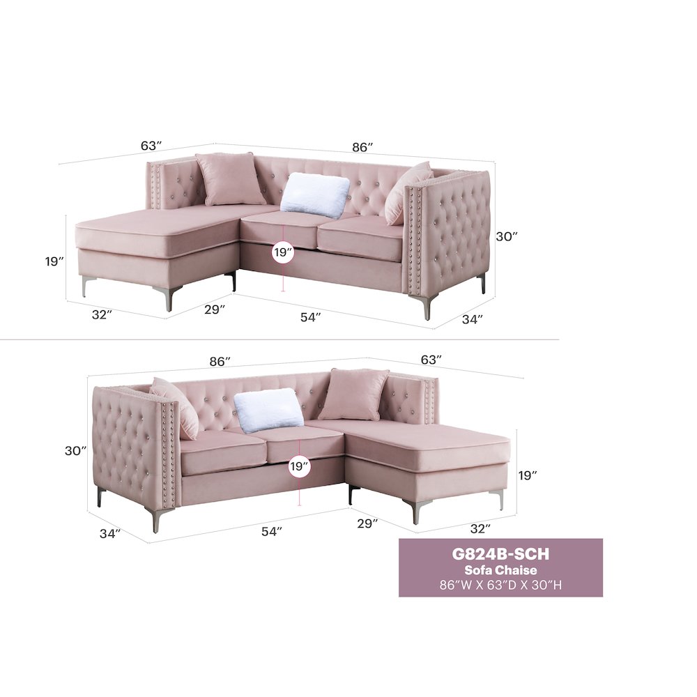 Glory Furniture Paige Sofa Chaise in Pink Color. Picture 7