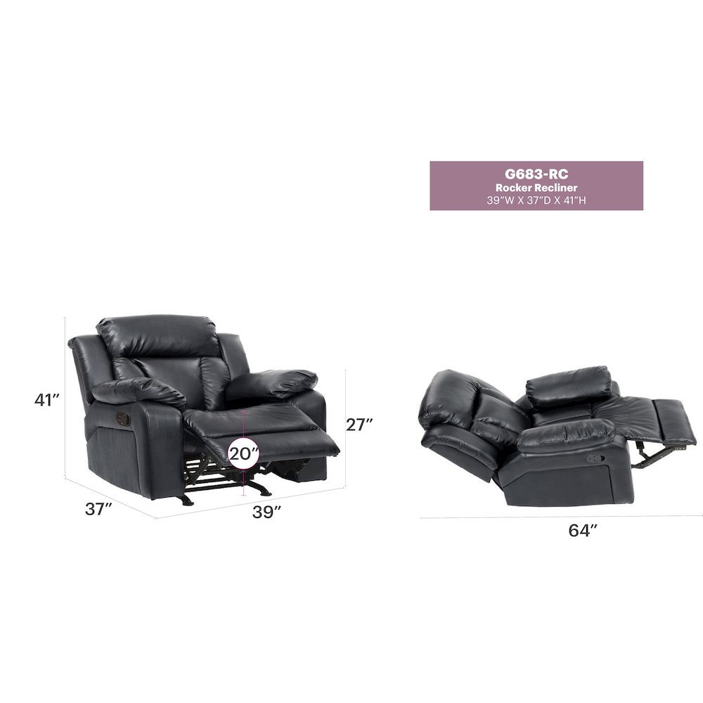 Glory Furniture Daria Rocker Recliner in Black Color. Picture 7