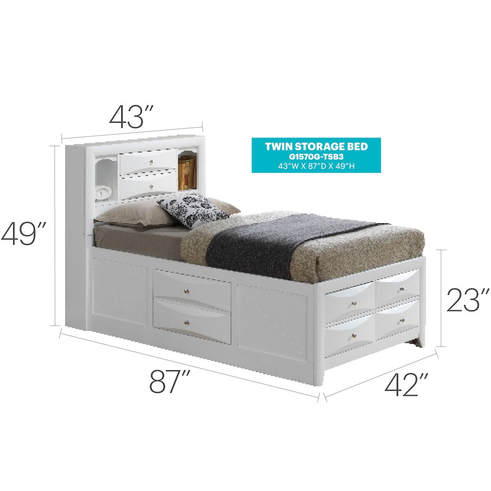 Glory Furniture Marilla Twin Storage Bed in White Color. Picture 7