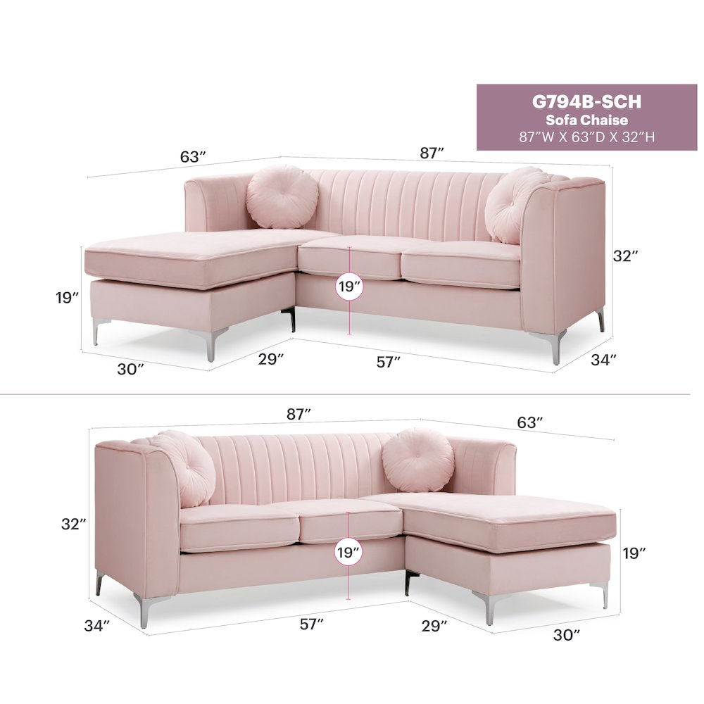 Glory Furniture Delray Sofa Chaise in Pink Color. Picture 7