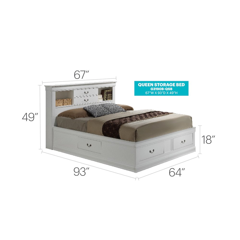Glory Furniture Louis Phillipe Queen Storage Bed in White Color. Picture 7