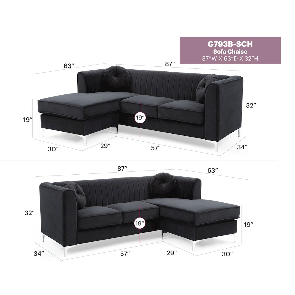 Glory Furniture Delray Sofa Chaise in Black Color. Picture 7