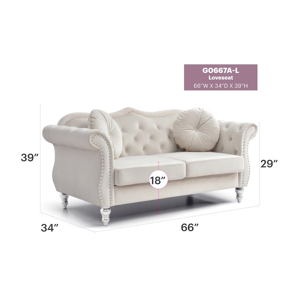 Glory Furniture Hollywood Loveseat in Ivory Color. Picture 6