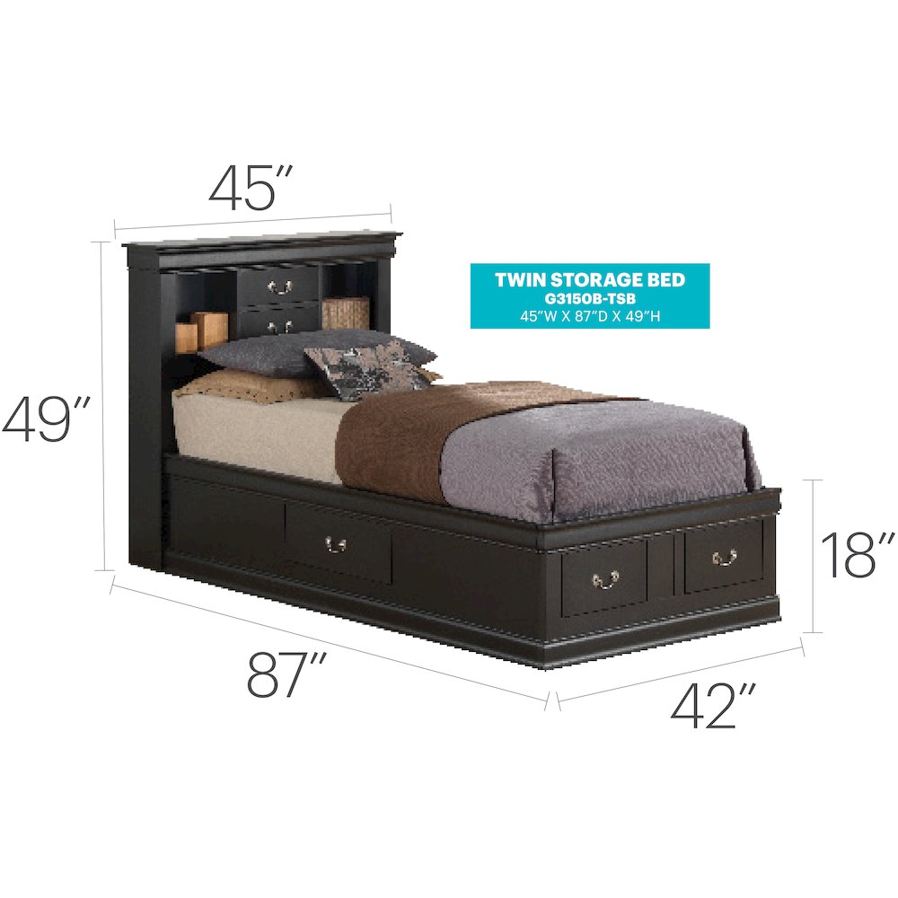 Glory Furniture Louis Phillipe Twin Storage Bed in Black Color. Picture 7