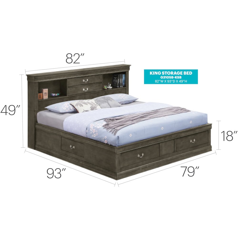 Glory Furniture Louis Phillipe King Storage Bed in Gray Color. Picture 15