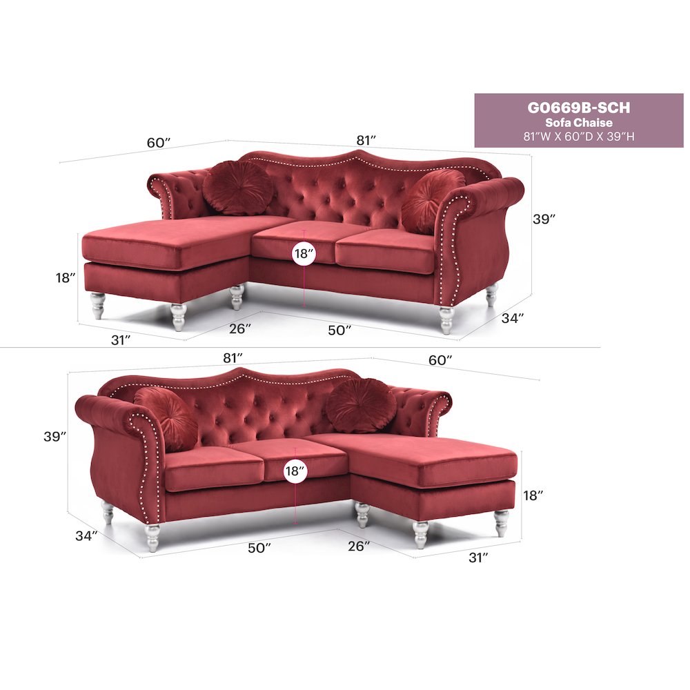 Glory Furniture Hollywood Sofa Chaise in Burgundy Color. Picture 7