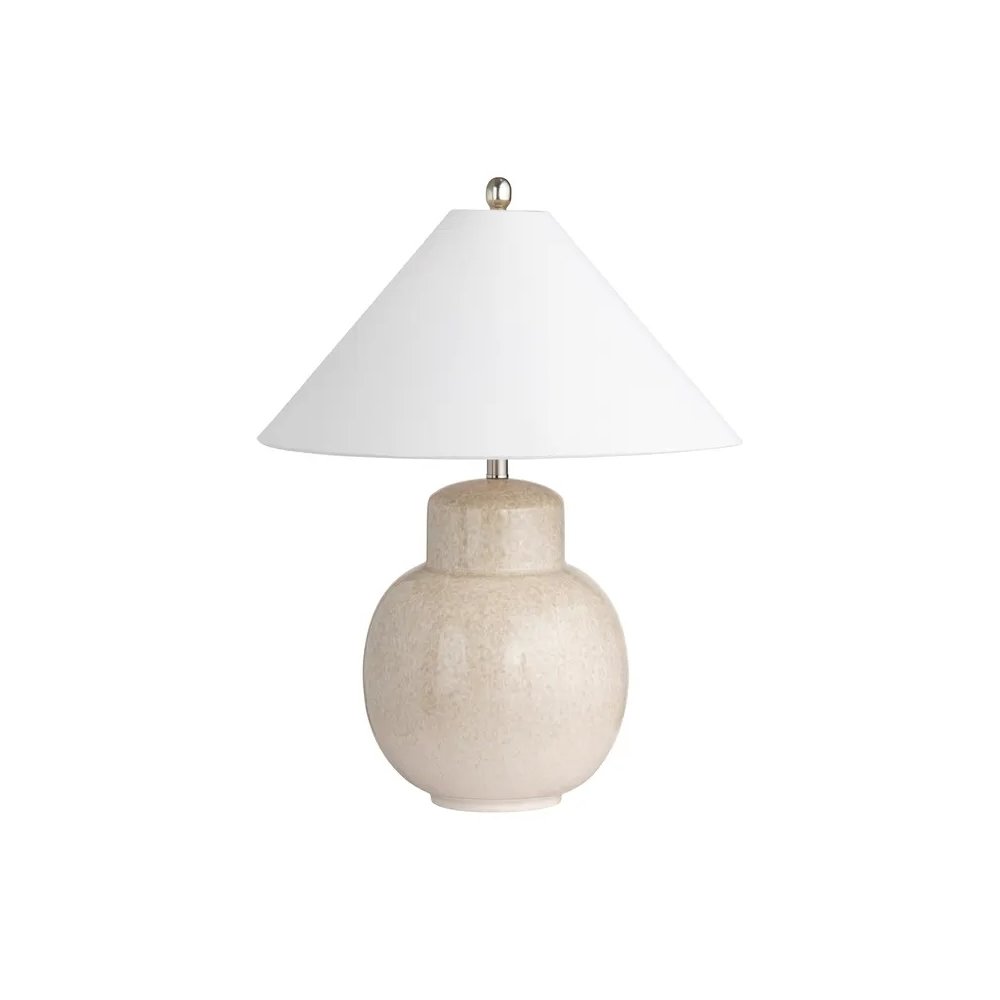 28" Transitional Tan Ceramic Table Lamp with Silver Accents & White Linen Shade. Picture 2