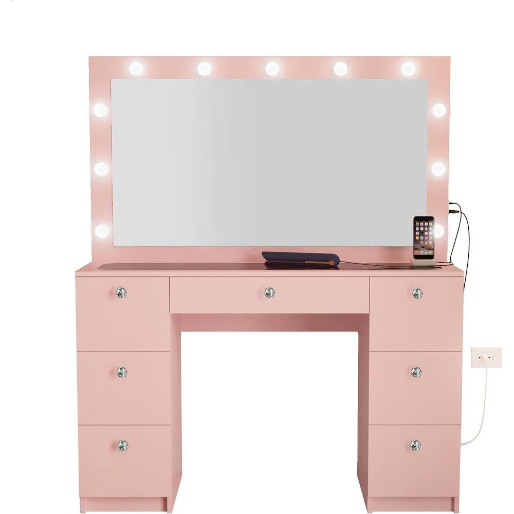 Yara Large Makeup Vanity Desk with Mirror, Hollywood Lights, 7 Drawers. Picture 1