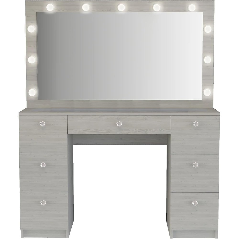 Yara Large Makeup Vanity Desk with Mirror, Hollywood Lights, 7 Drawers. Picture 1