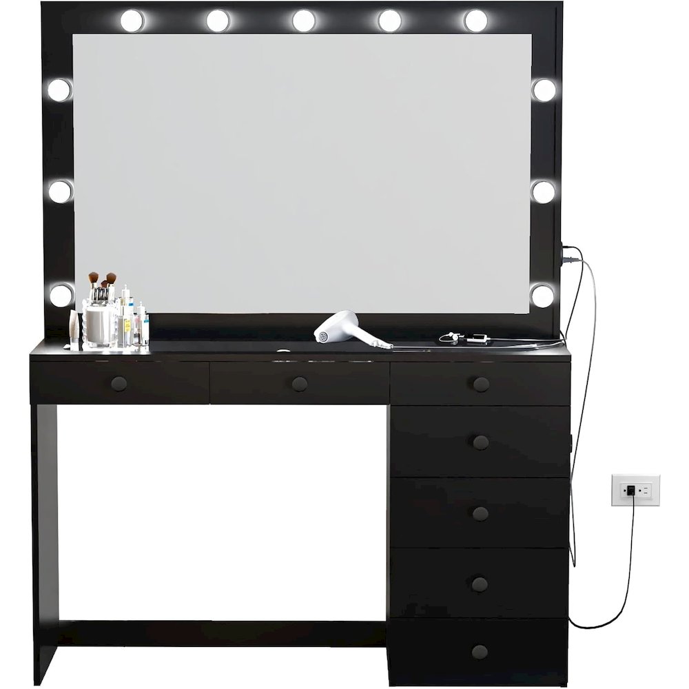Serena Large Makeup Vanity Desk with Hollywood Lights, 7 Drawers, Hair. Picture 1