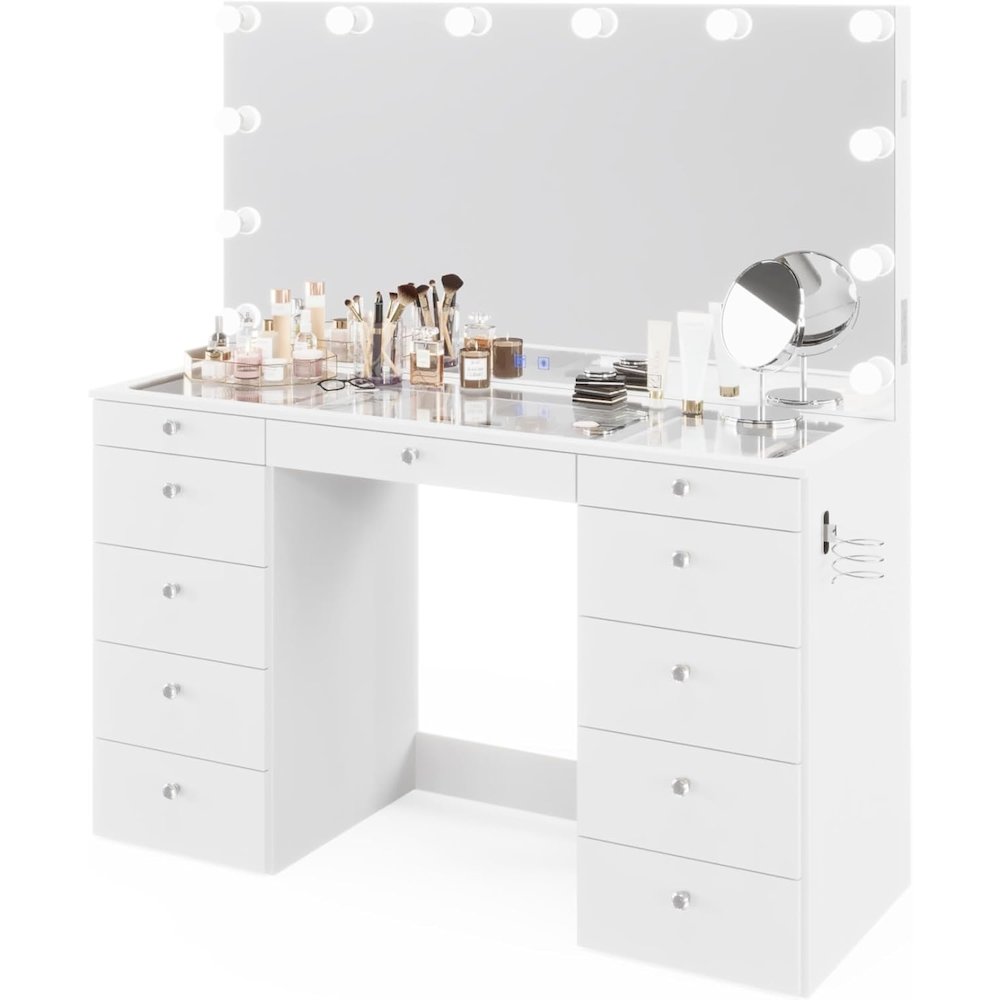 Orla - Glass Top Large Vanity Desk w/Bluetooth Speaker, 12 Hollywood. Picture 1