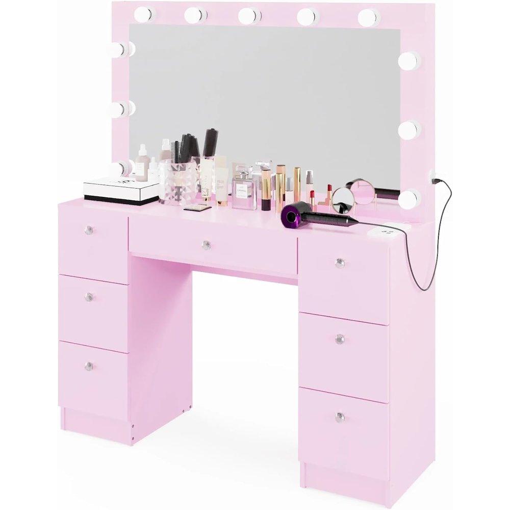 Freya Large Makeup Vanity Desk with Hollywood Lights, 7 Drawers, USB. Picture 1