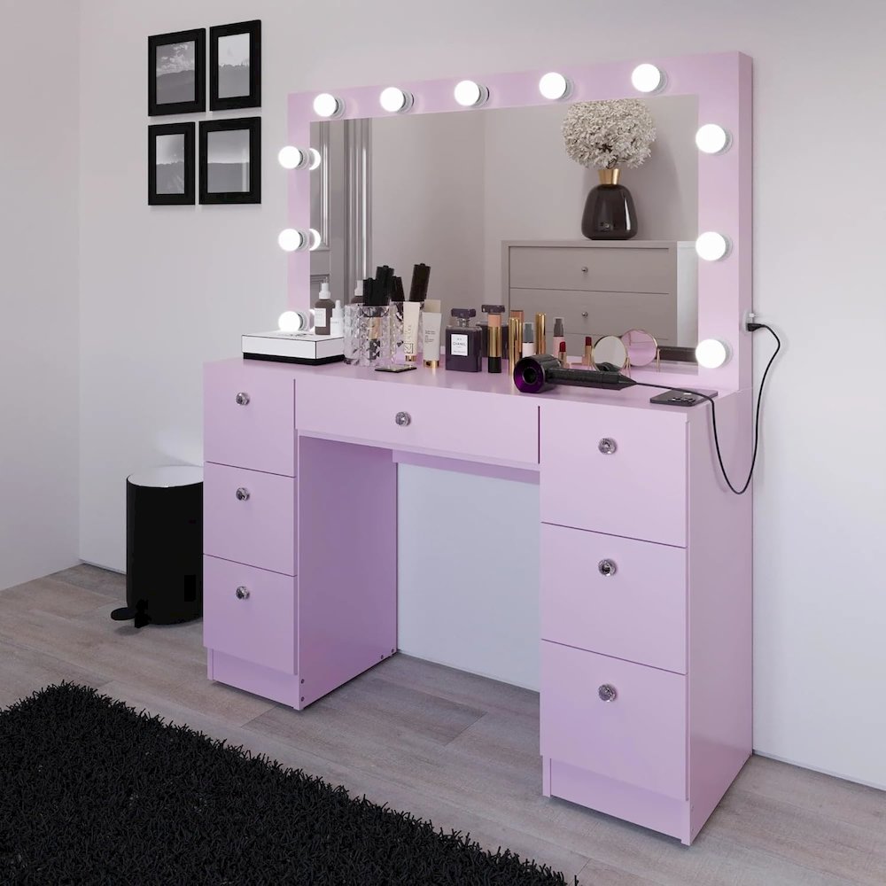 Freya Large Makeup Vanity Desk with Hollywood Lights, 7 Drawers, USB. Picture 2