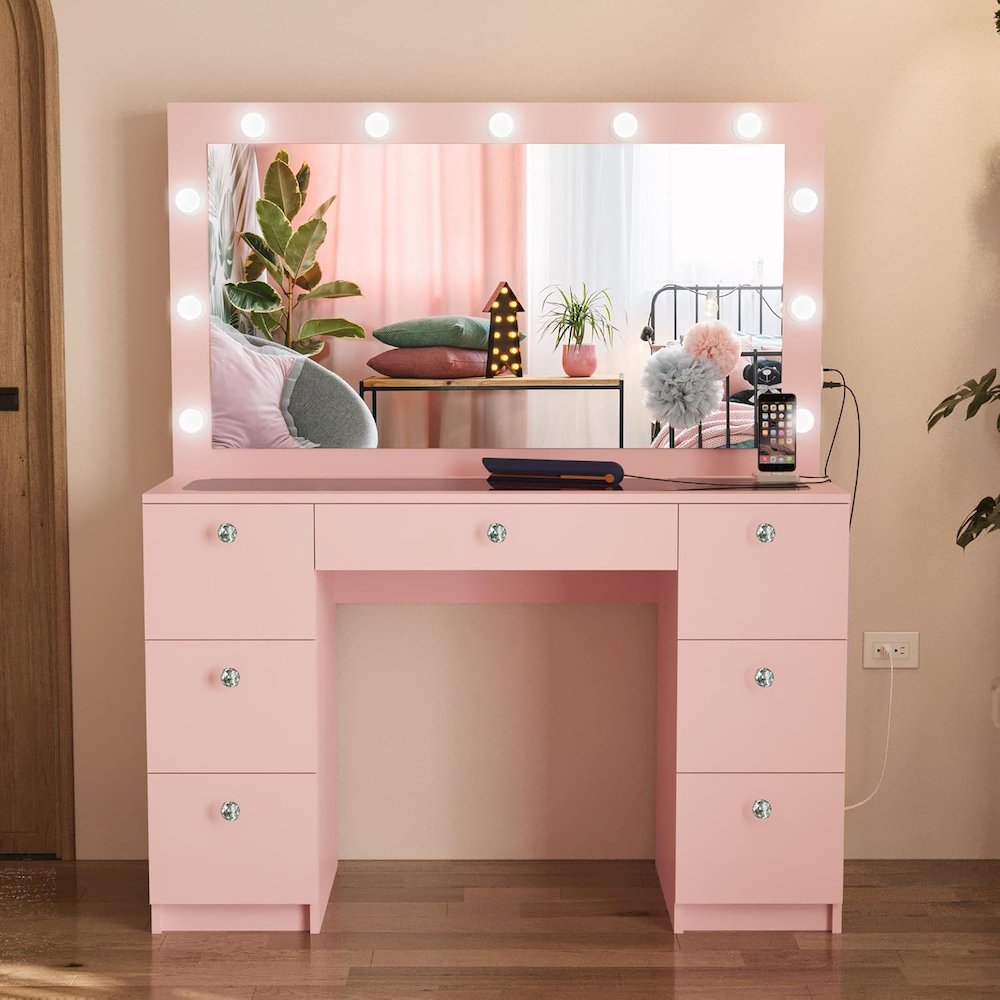 Yara Large Makeup Vanity Desk with Mirror, Hollywood Lights, 7 Drawers. Picture 2