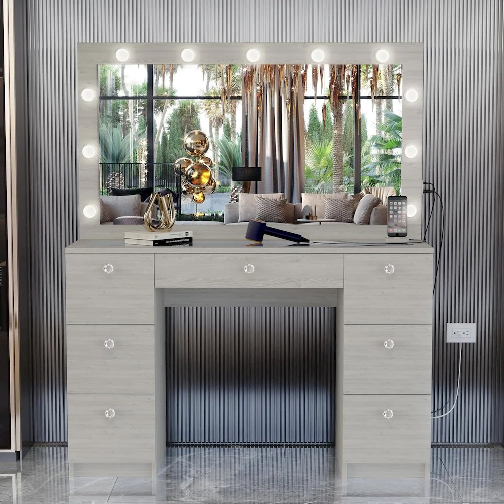 Yara Large Makeup Vanity Desk with Mirror, Hollywood Lights, 7 Drawers. Picture 2