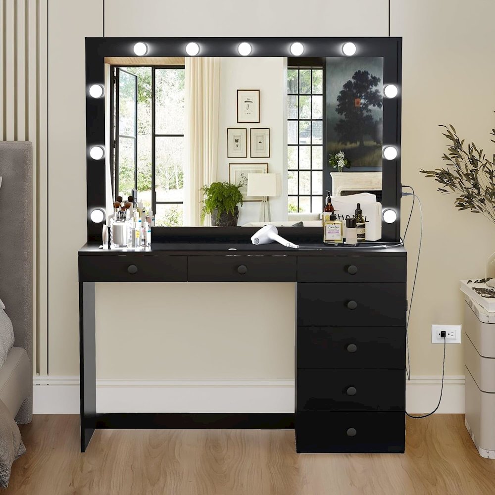 Serena Large Makeup Vanity Desk with Hollywood Lights, 7 Drawers, Hair. Picture 2