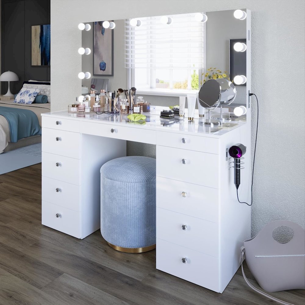 Orla - Glass Top Large Vanity Desk w/Bluetooth Speaker, 12 Hollywood. Picture 2