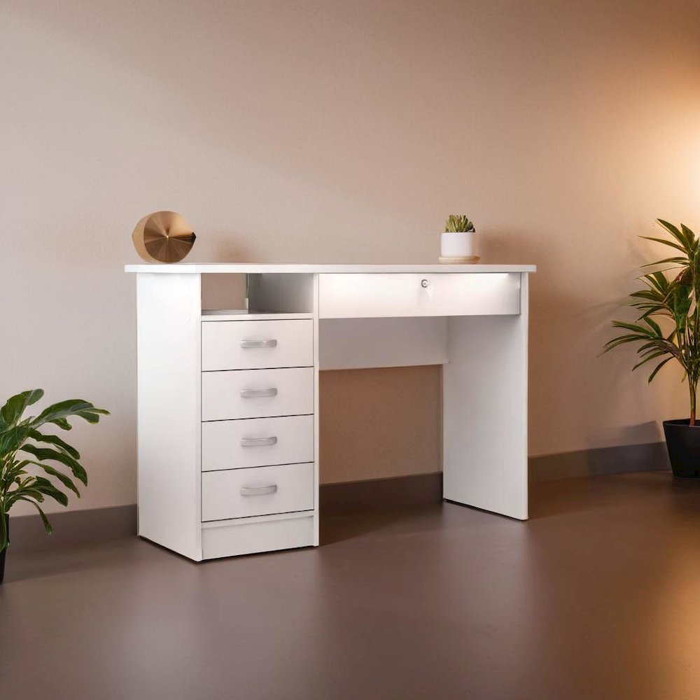 Elegant White Computer Desk Featuring Five Drawers and Open Shelf Design. Picture 7