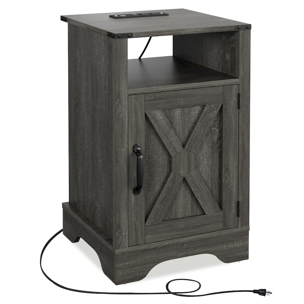 Nightstand Side Table with Electrical Outlets Charging Station Dark Grey. Picture 1