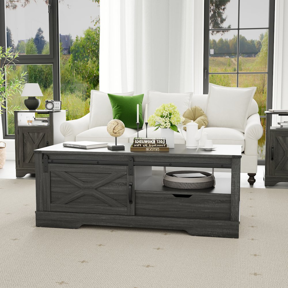 Farmhouse Sliding Barn Door Coffee Storage Large Table Dark Grey. Picture 4