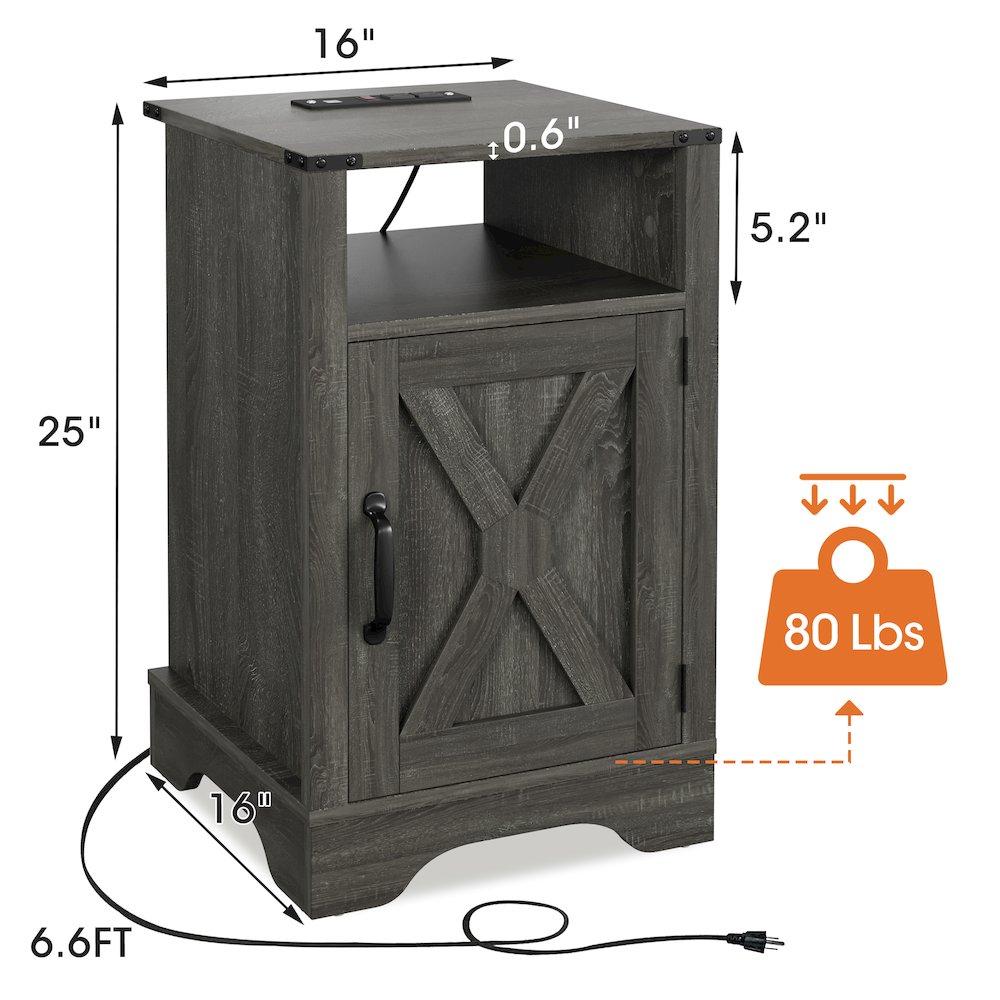 Nightstand Side Table with Electrical Outlets Charging Station Dark Grey. Picture 3