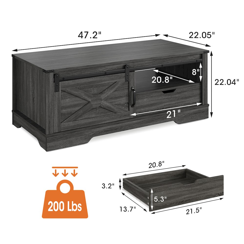 Farmhouse Sliding Barn Door Coffee Storage Large Table Dark Grey. Picture 3