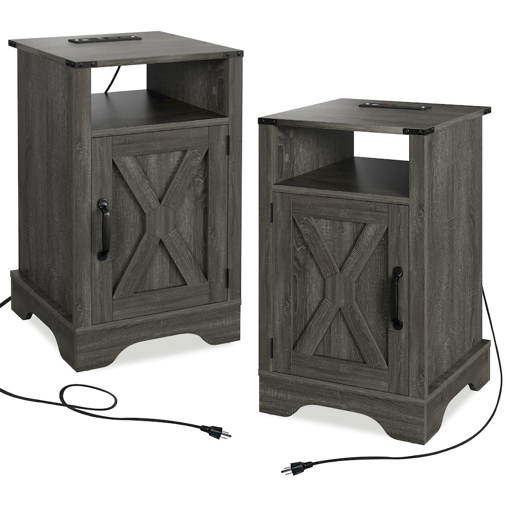 Nightstand Side Table with Electrical Outlets Charging Station 2 Sets Dark Grey. Picture 1