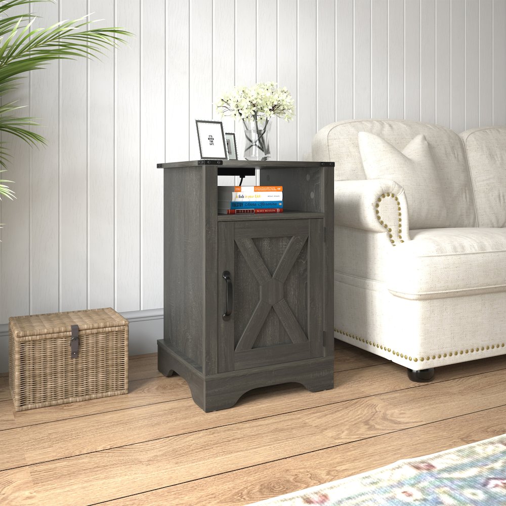 Nightstand Side Table with Electrical Outlets Charging Station Dark Grey. Picture 4