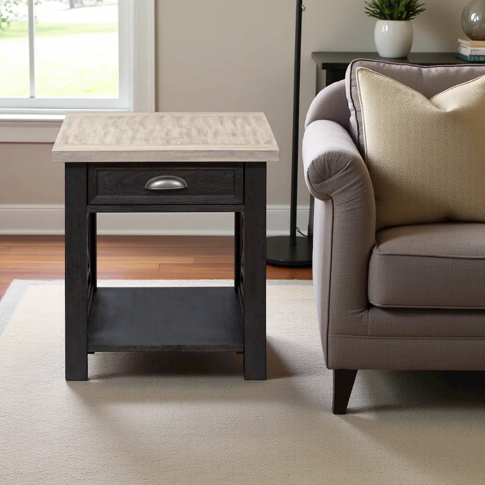 Black Farmhouse End Table – Square Side Table for Living Room with Drawer. Picture 3