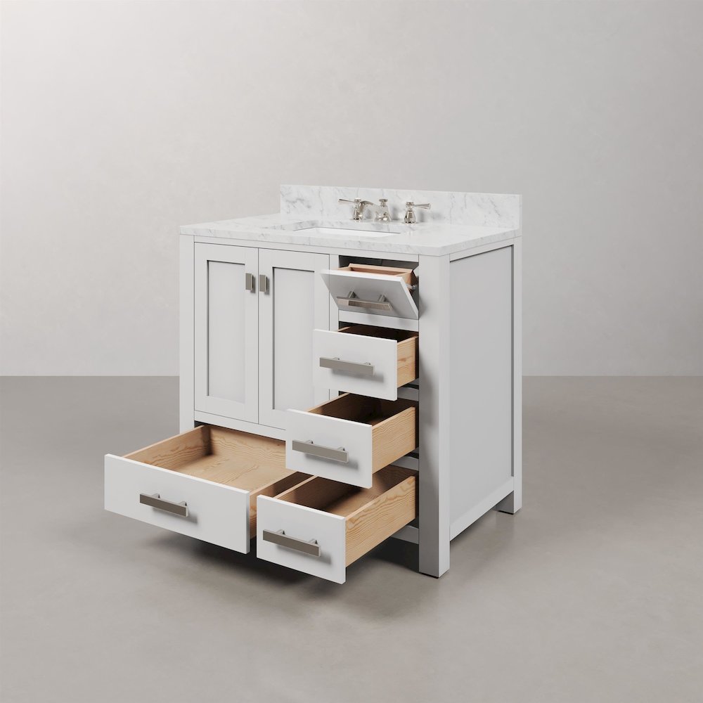 Madison 36 In. Single Sink Carrara White Marble Countertop Bath Vanity. Picture 4
