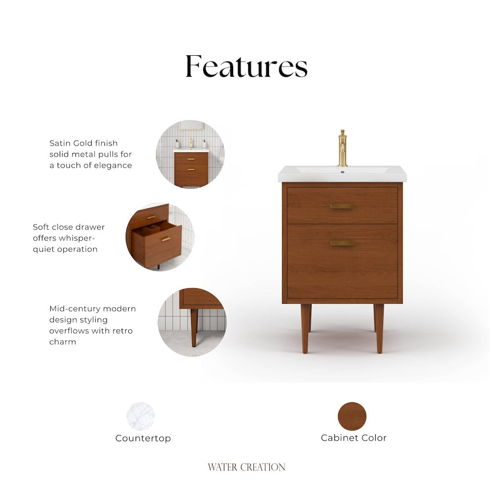 24 In. Integrated Ceramic Sink Top Vanity in Honey Walnut. Picture 6