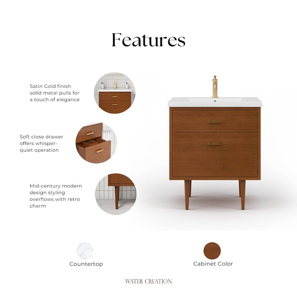 30 In. Integrated Ceramic Sink Top Vanity in Honey Walnut. Picture 6