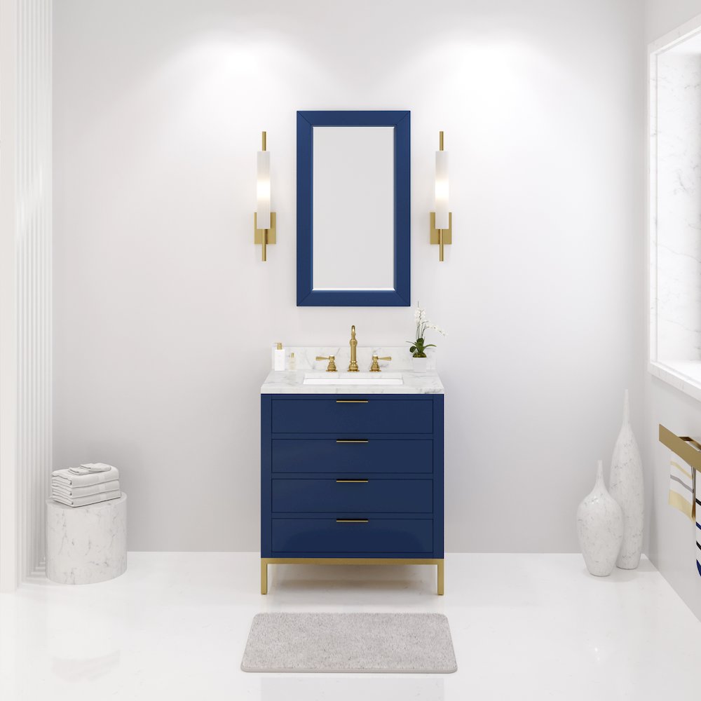 30 In. Single Sink Carrara White Marble Countertop Bath Vanity in Monarch Blue. Picture 2