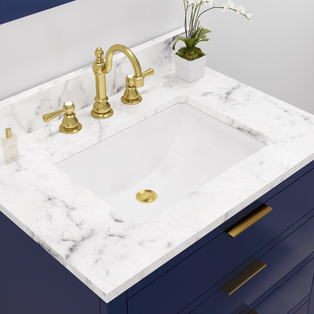 30 In. Single Sink Carrara White Marble Countertop Bath Vanity in Monarch Blue. Picture 7