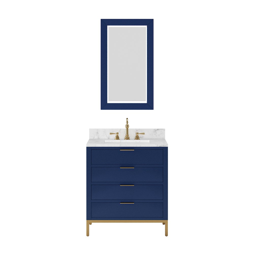 30 In. Single Sink Carrara White Marble Countertop Bath Vanity in Monarch Blue. Picture 1