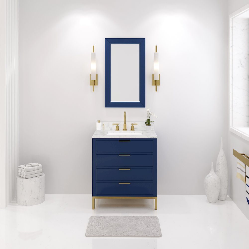 30 In. Single Sink Carrara White Marble Countertop Bath Vanity in Monarch Blue. Picture 2