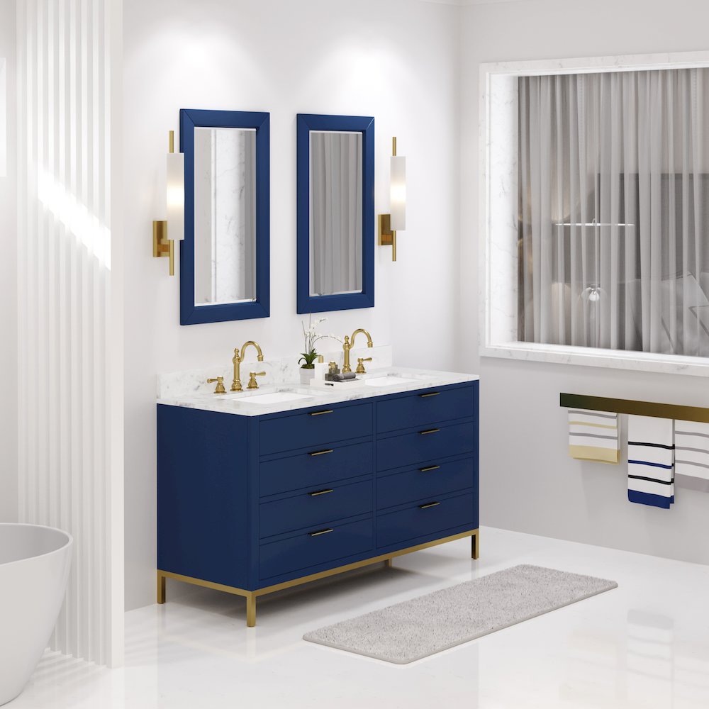 60 In. Double Sink Carrara White Marble Countertop Bath Vanity in Monarch Blue. Picture 3